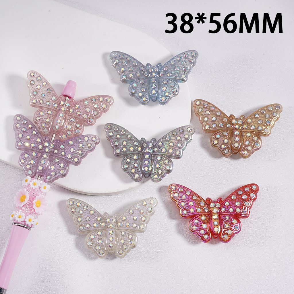 Acrylic Beads UV Coating Cute Butterflies with AB Rhinestones 38*56MM, Random Mix