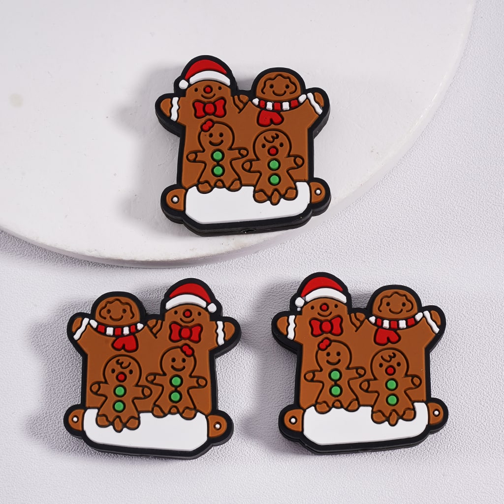 Silicone Focal Beads Cute Gingerbread with Red Christmas Hat Bowtie