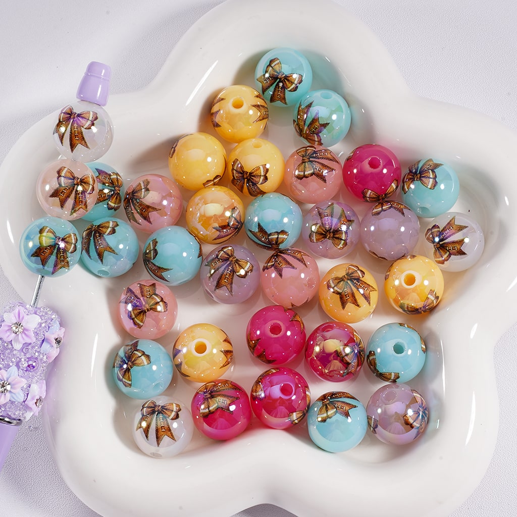 Acrylic Beads American Football Bowknots Prints Jelly Color & Clear Color 16MM, Random Mix