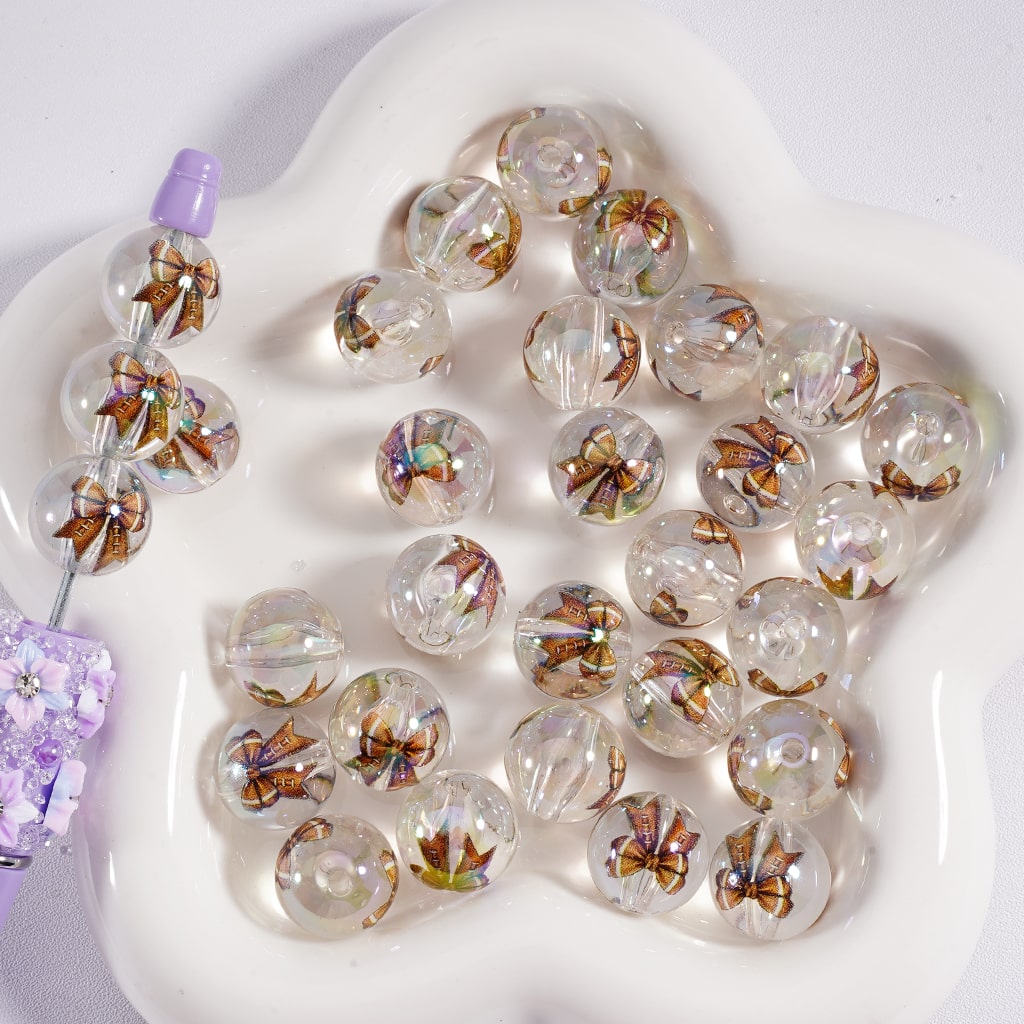 Acrylic Beads American Football Bowknots Prints Jelly Color & Clear Color 16MM, Random Mix