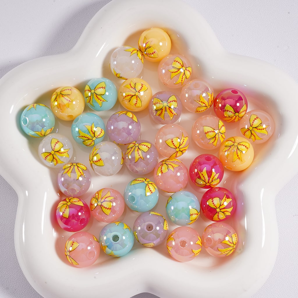 Acrylic Beads Softball Bowknots Prints Jelly Color & Clear Color 16MM, Random Mix