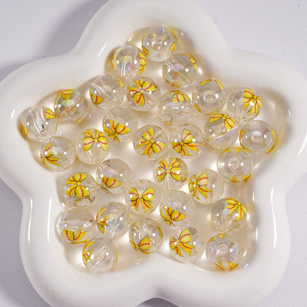 Acrylic Beads Softball Bowknots Prints Jelly Color & Clear Color 16MM, Random Mix