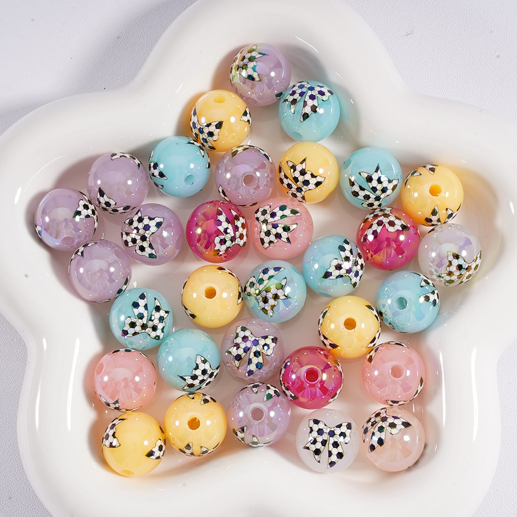 Acrylic Beads Soccer Bowknots Prints Jelly Color & Clear Color 16MM, Random Mix