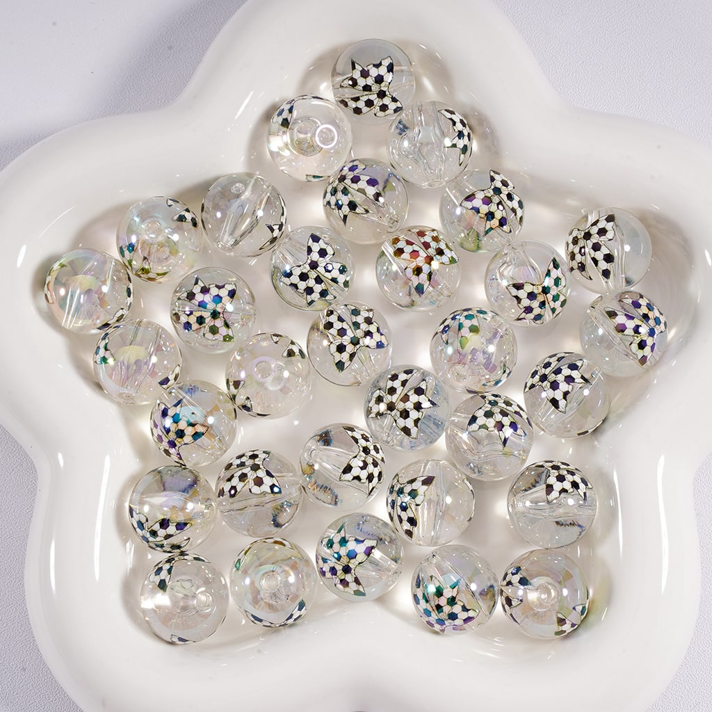Acrylic Beads Soccer Bowknots Prints Jelly Color & Clear Color 16MM, Random Mix