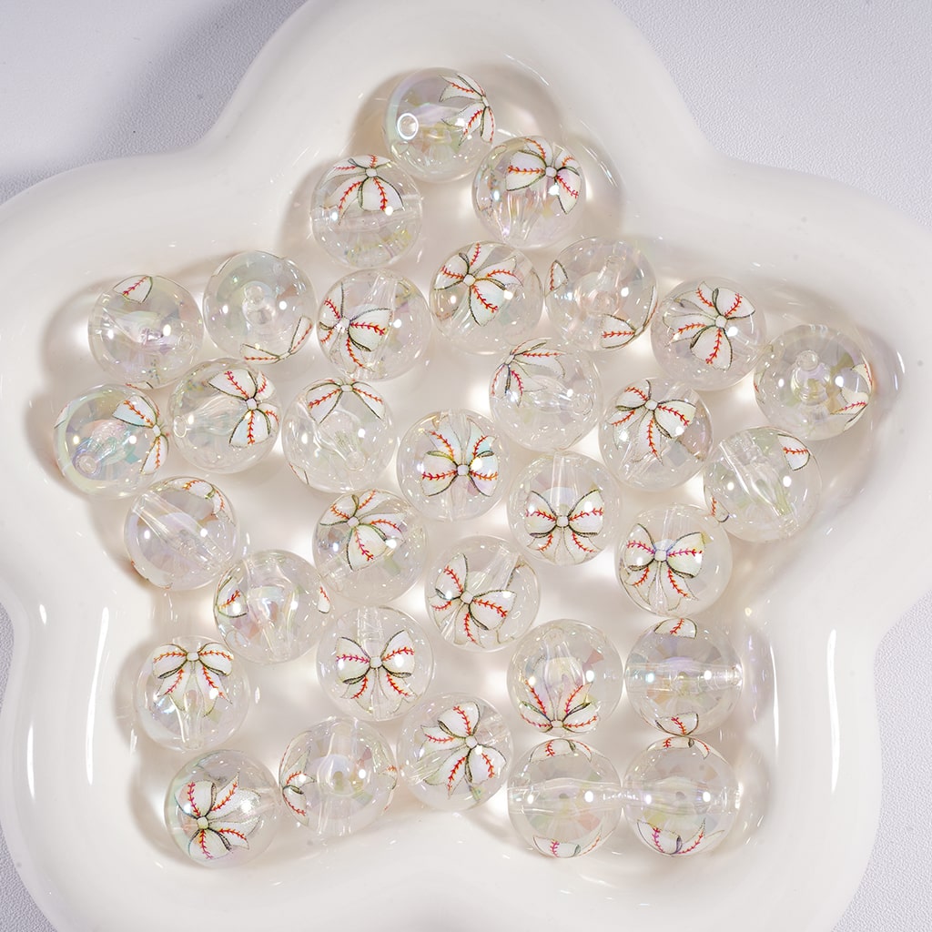 Acrylic Beads Baseball Bowknots Prints Jelly Color & Clear Color 16MM, Random Mix