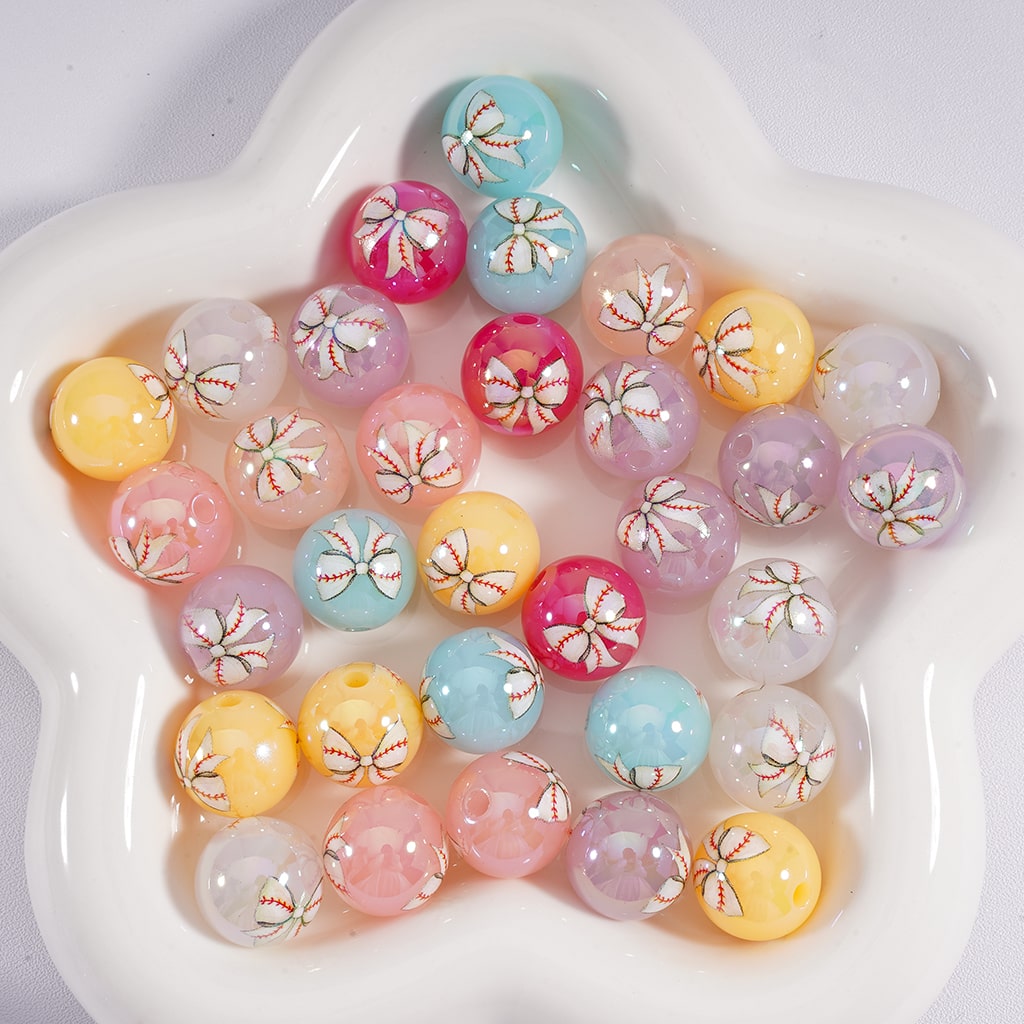 Acrylic Beads Baseball Bowknots Prints Jelly Color & Clear Color 16MM, Random Mix