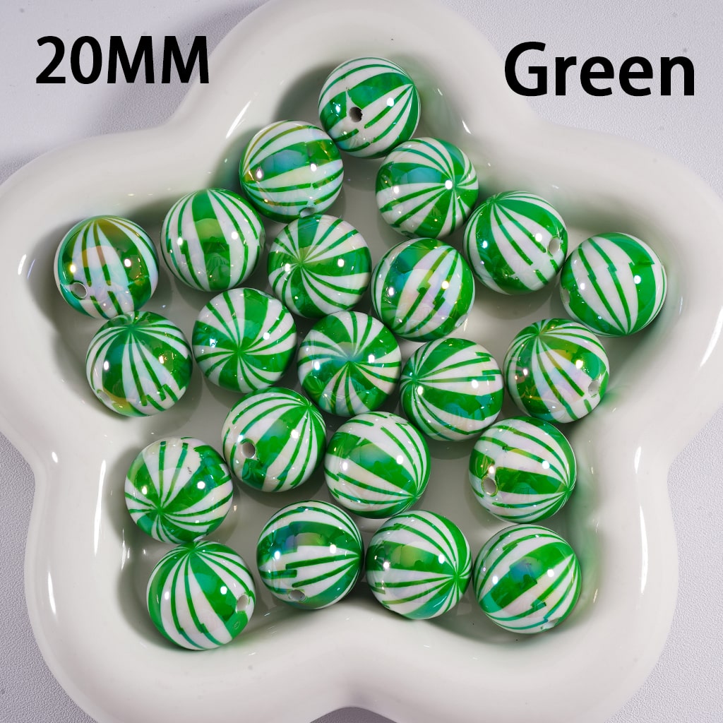 Acrylic Beads UV Coating Shiny Christmas Green & Red Stripes 20MM