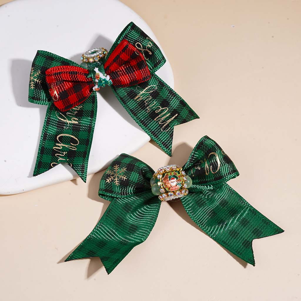 Handmade Acrylic Beads w Christmas Trims & Half-Shell Round, AB Rhinestones & White Pearl Chains, Red Green Checkered Fabric Bow, Random Mix