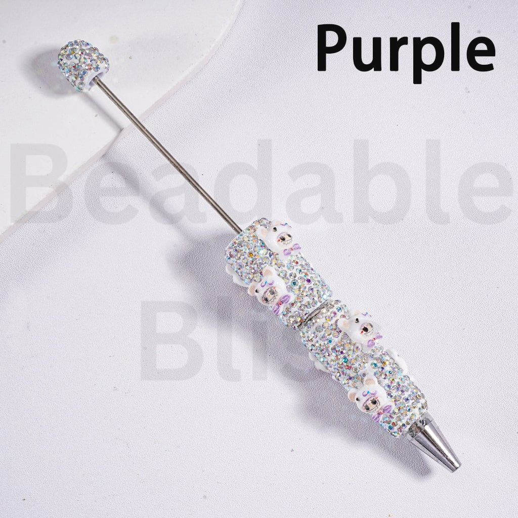 Beadable Clay Pen with AB Rhinestones Luminous Cute Labub Head with Bear Style Hat