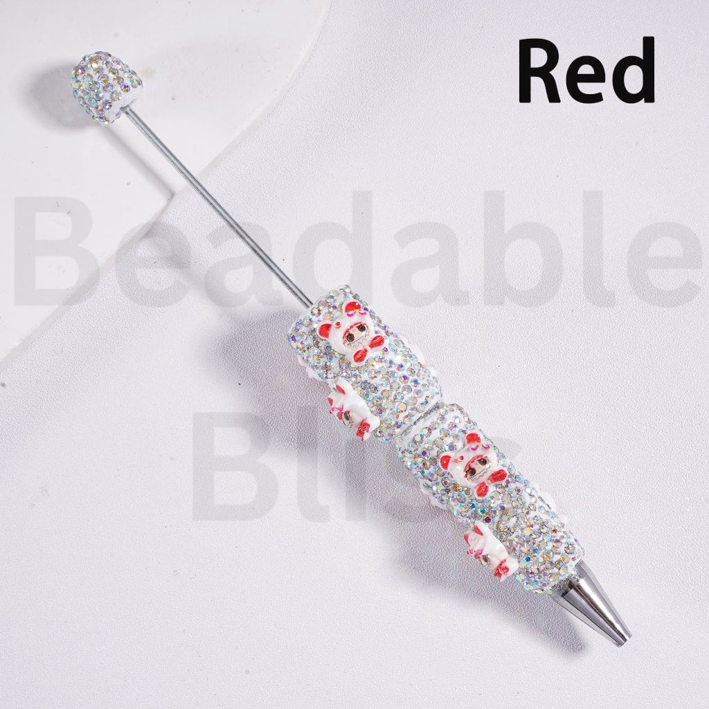 Beadable Clay Pen with AB Rhinestones Luminous Cute Labub Head with Bear Style Hat
