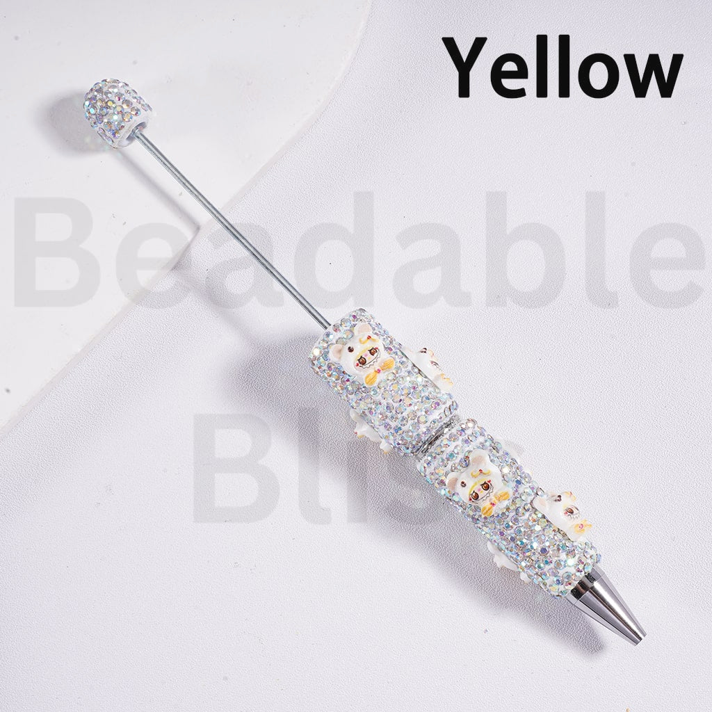 Beadable Clay Pen with AB Rhinestones Luminous Cute Labub Head with Bear Style Hat