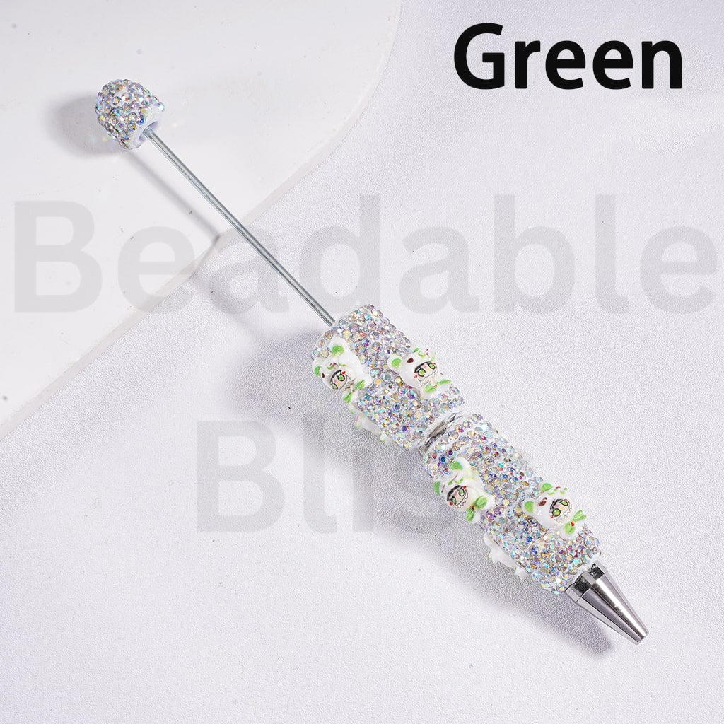 Beadable Clay Pen with AB Rhinestones Luminous Cute Labub Head with Bear Style Hat