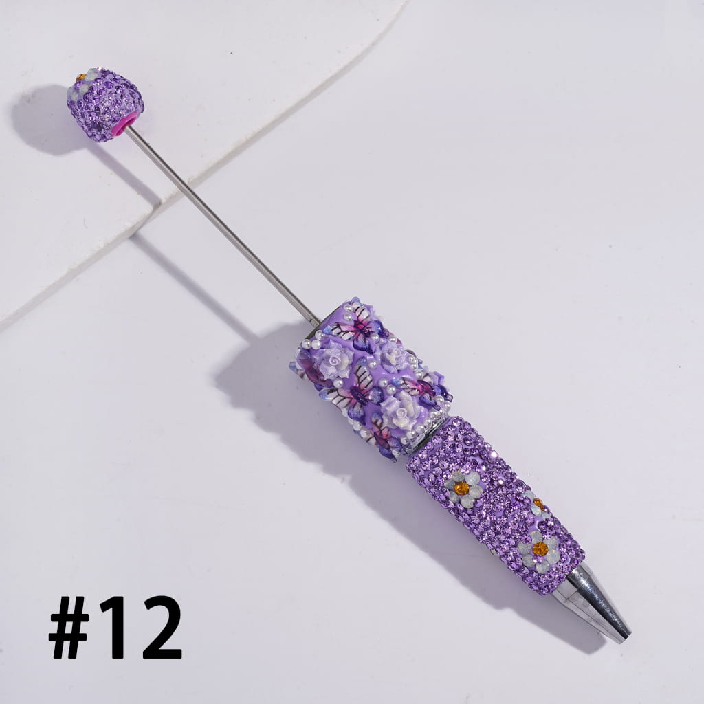 Beadable Clay Pens with Butterfly Rose Flower White Pearls and Shiny Rhinestones Covered the Entire Pen, Multi-Color