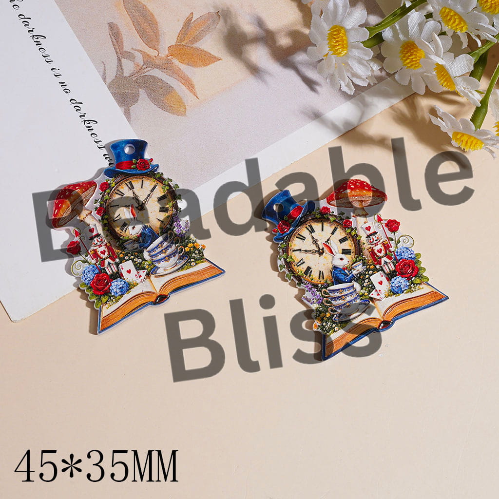 Book Acrylic Pendants with Mushroom Clock Rabbit Plants Bowls, 45*35MM