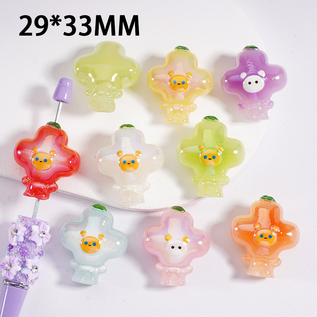 Acrylic Beads UV Coating Cute Flowers with Bear Head 29*33MM, Random Mix