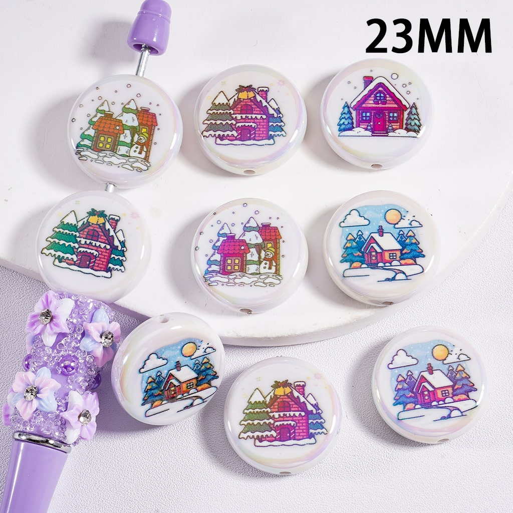 Flat Round Acrylic Beads UV Coating Cute Christmas House Prints 23MM, Random Mix