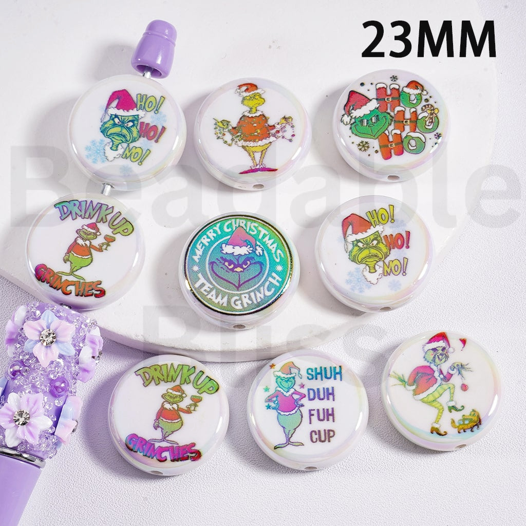 Flat Round Acrylic Beads UV Coating Cute Christmas Green Monster Grinc White 23MM, Random Mix