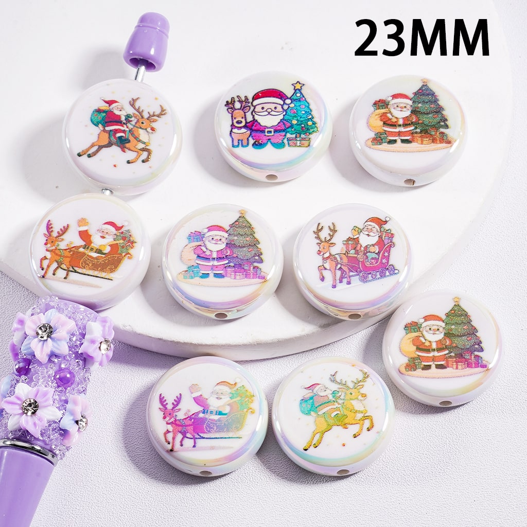 Flat Round Acrylic Beads UV Coating Cute Father Christmas Elk Sled Tree Gift 23MM, Random Mix