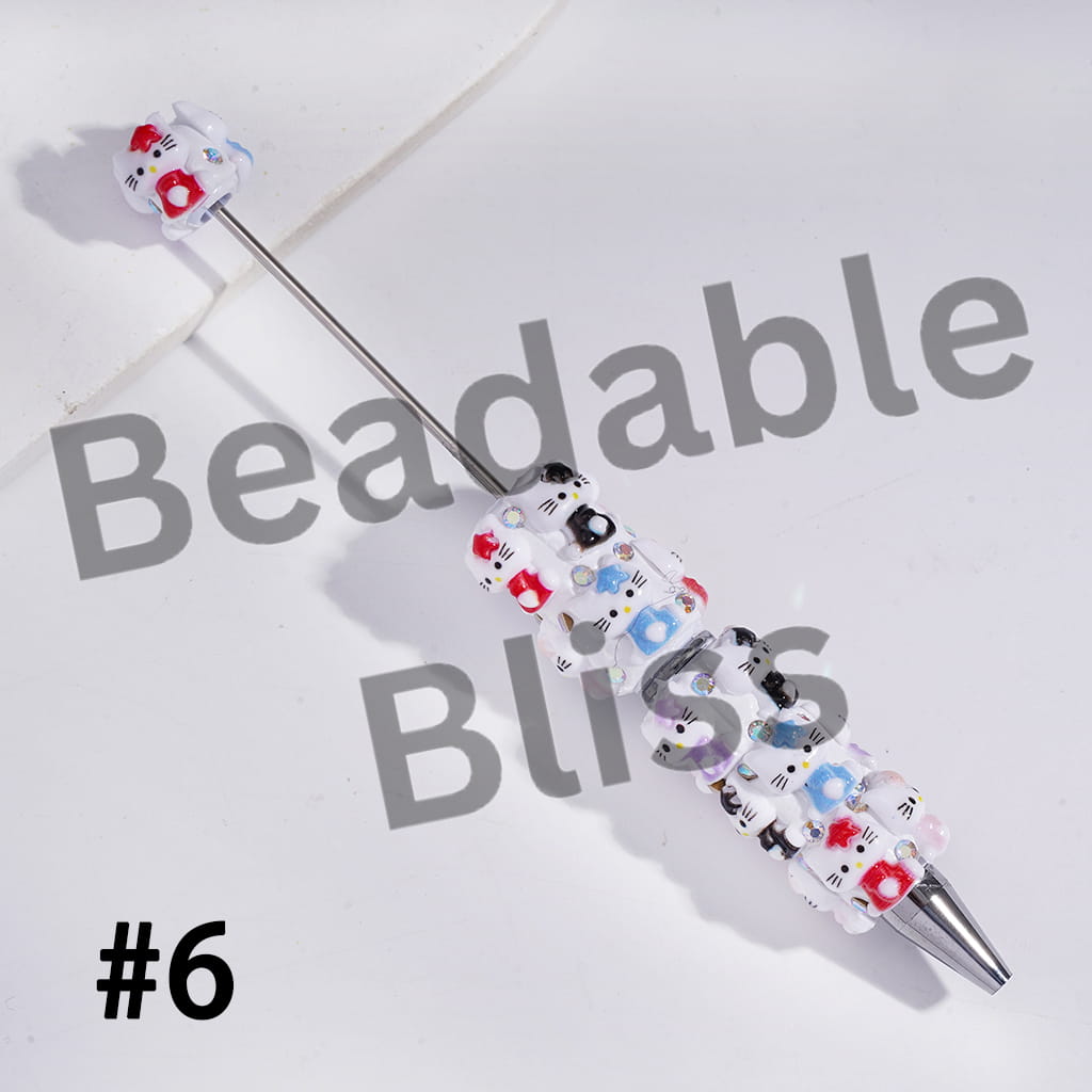 Beadable Clay Pens with Cute Cat Character Wearing Star on Head, AB Rhinestones and White Pearl, Multi-Color