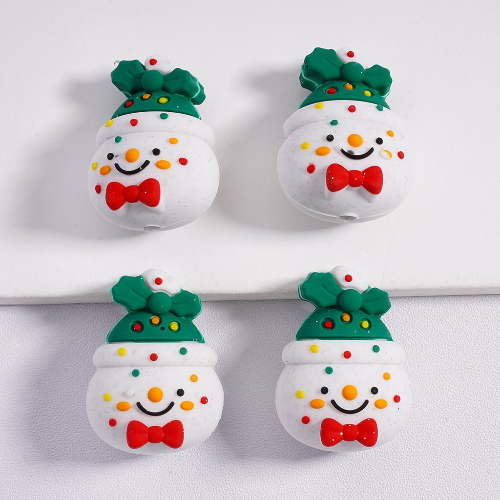 Silicone Focal Beads 3D Christmas Snowman with Green Hat Red Bowknot