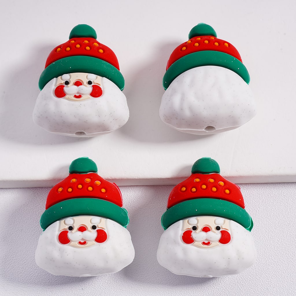 Silicone Focal Beads 3D Santa Clau Father Christmas with Red & Green Hat