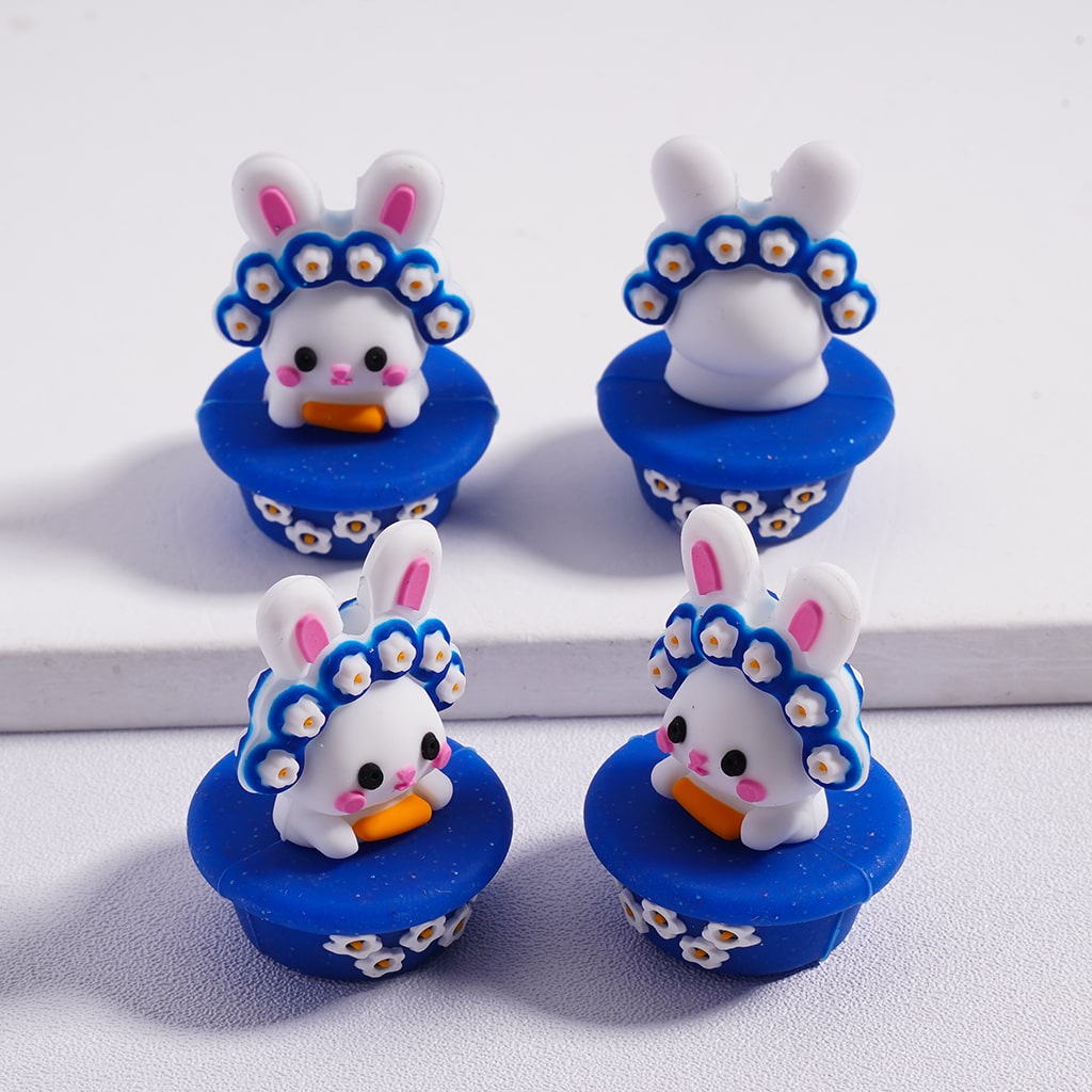 Silicone Focal Beads 3D Cute Bunny Rabbit with Flower Garland on a Blue Pedestal