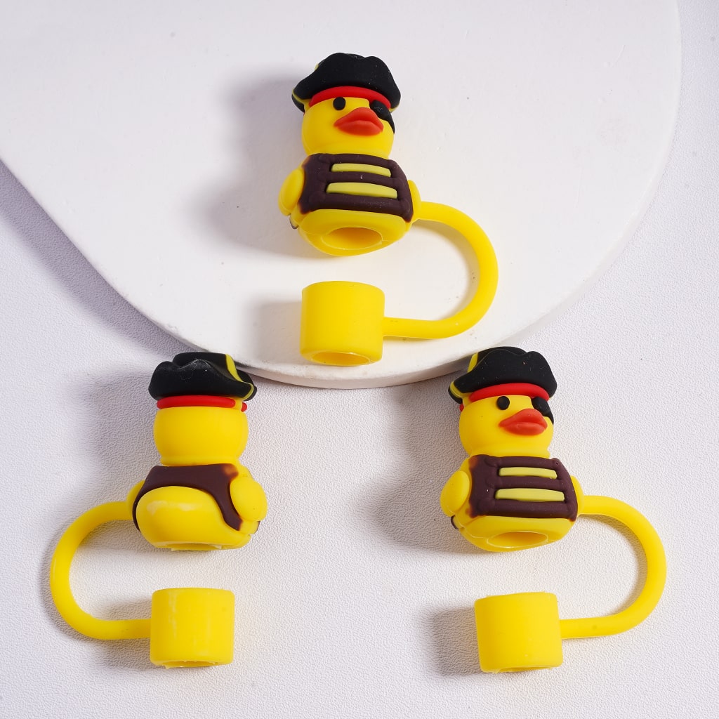 Food Grade Cup Tumbler Silicone Straw Topper Little Cute Yellow Duckling with Pirate Costume