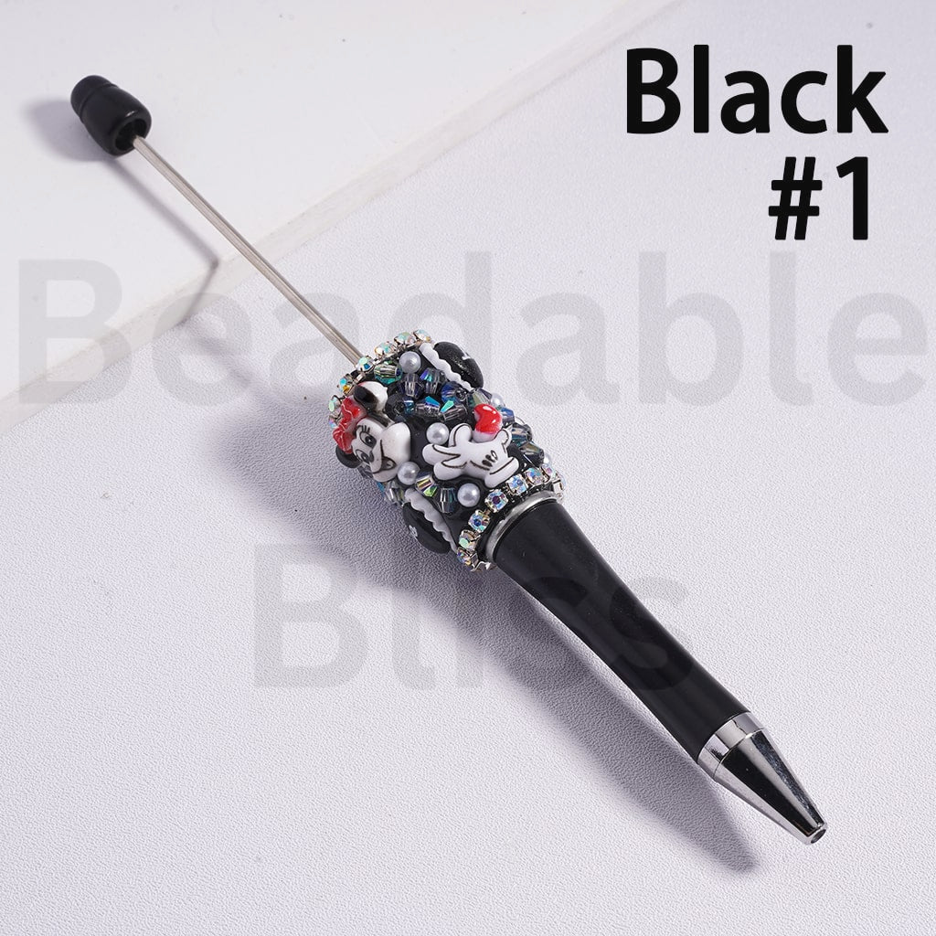 Beadable Pen with Cute Micke Minni Mouse Head White Pearls AB Rhinestones Chains Black White