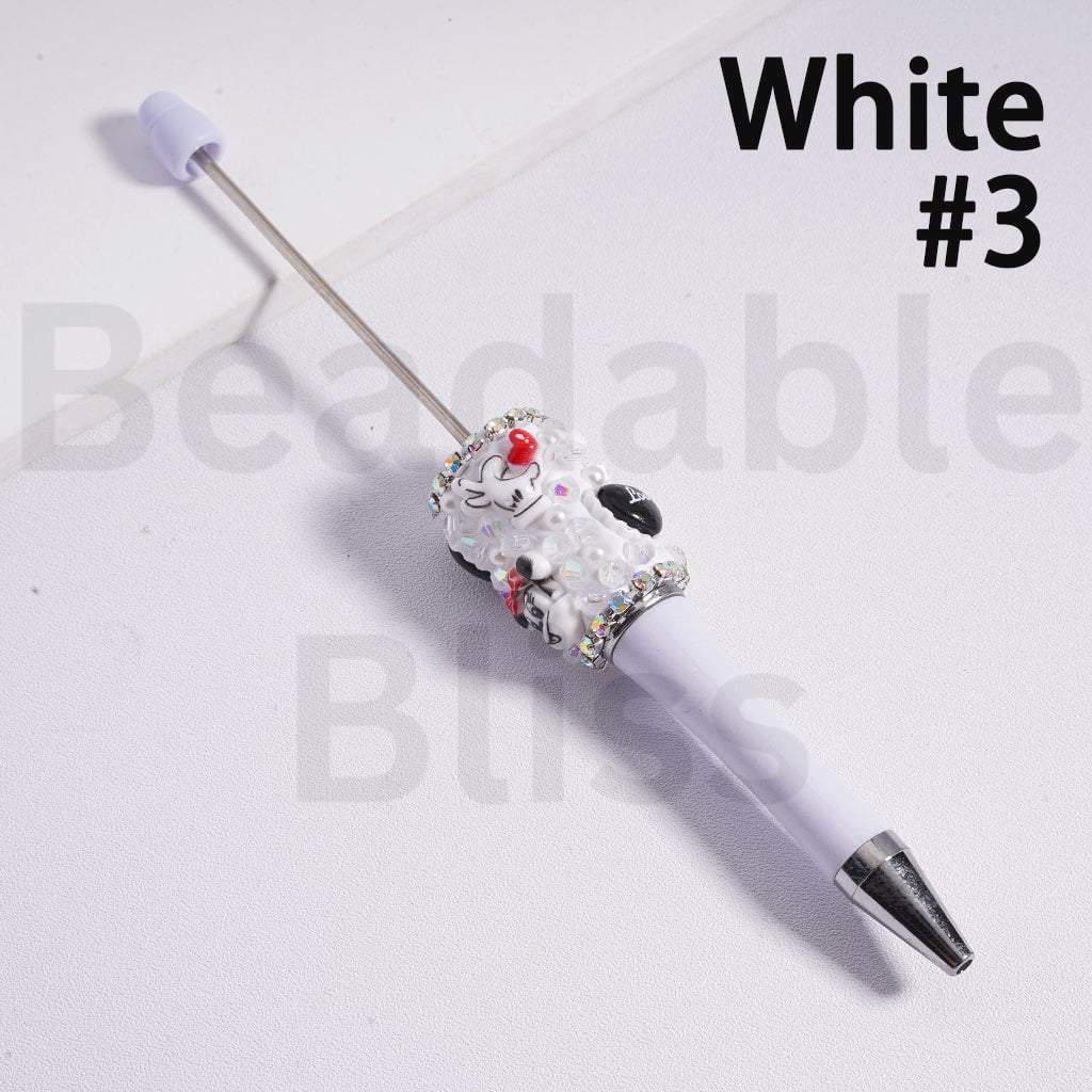 Beadable Pen with Cute Micke Minni Mouse Head White Pearls AB Rhinestones Chains Black White