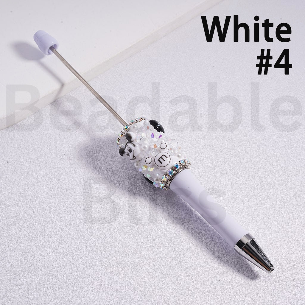 Beadable Pen with Cute Micke Minni Mouse Head White Pearls AB Rhinestones Chains Black White