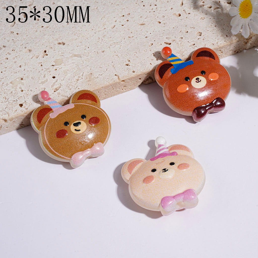 Acrylic Beads Bear Series with Birthday Hat and Bowtie, Multi-Color 35*30MM