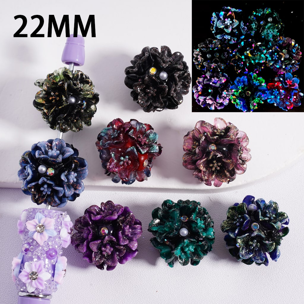 Clay Beads Luminous Cute Flowers White Pearls AB Rhinestones Dark Color Series 22MM, Random Mix