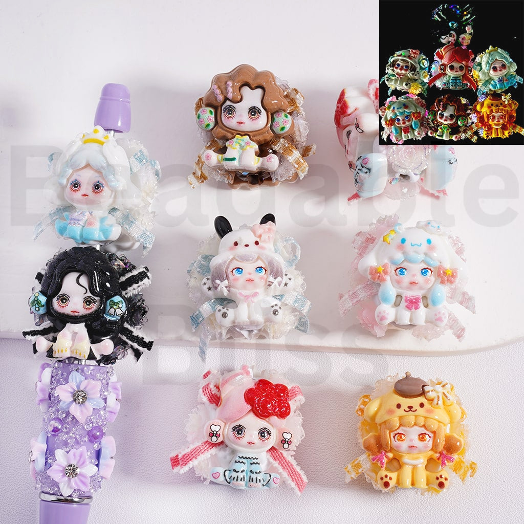 Clay Beads Cute Pop Mar Figure with Sanri Hat Glitter Rose Flower AB Rhinestones Fabric Ribbon, Random Mix