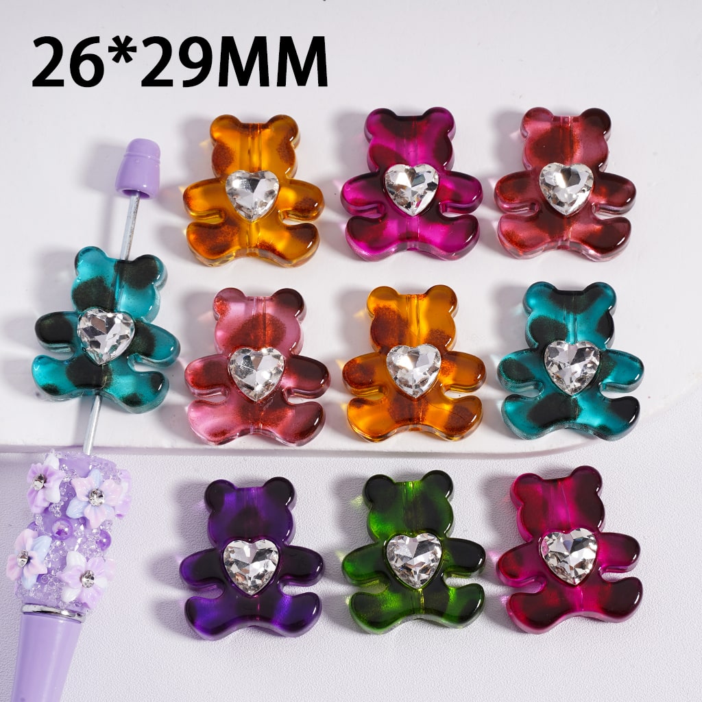 Acrylic Beads Cute Bear with Clear Heart Rhinestones Dark Color Series 26*29MM, Random Mix