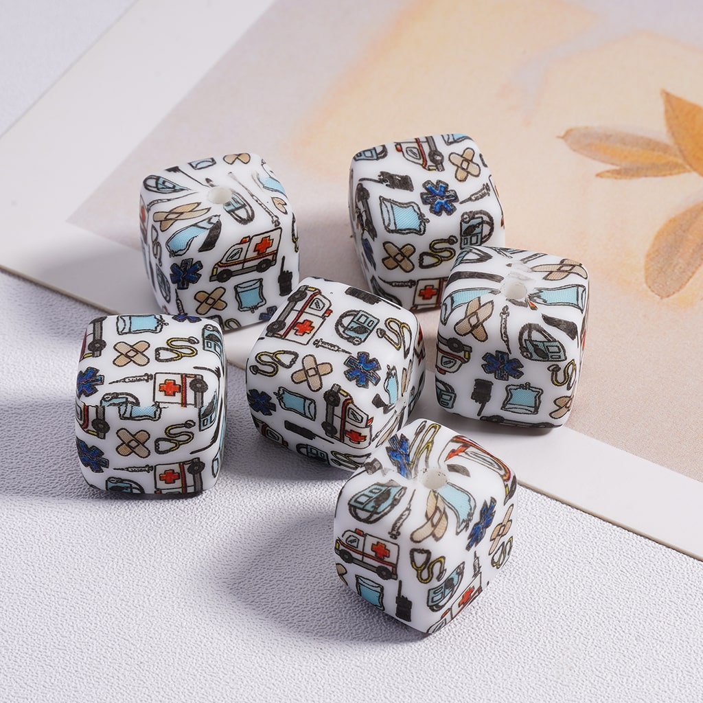 Medical Hospital Series Printed Cube Square Silicone Beads 14MM