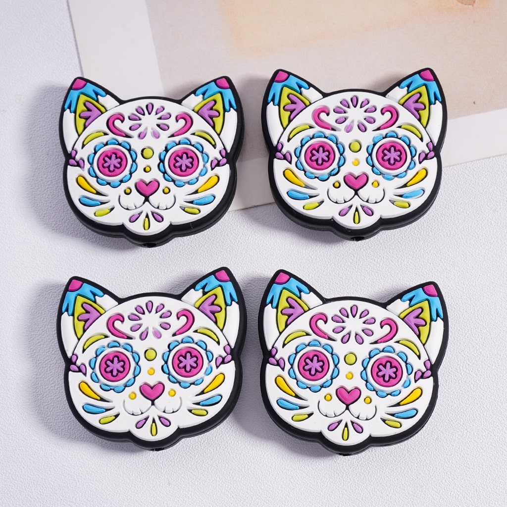 Silicone Focal Beads Cute Colorful Prints Cat Dog Head
