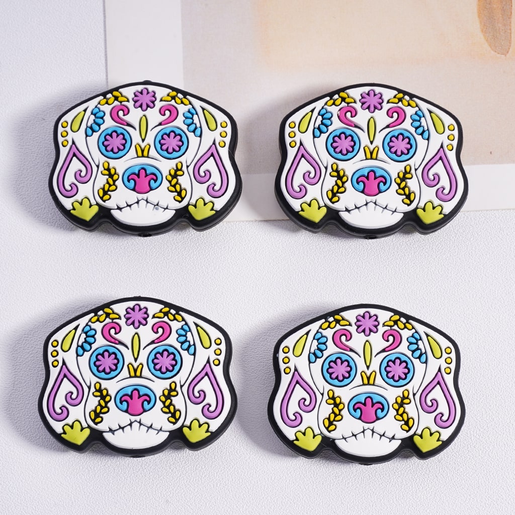 Silicone Focal Beads Cute Colorful Prints Cat Dog Head