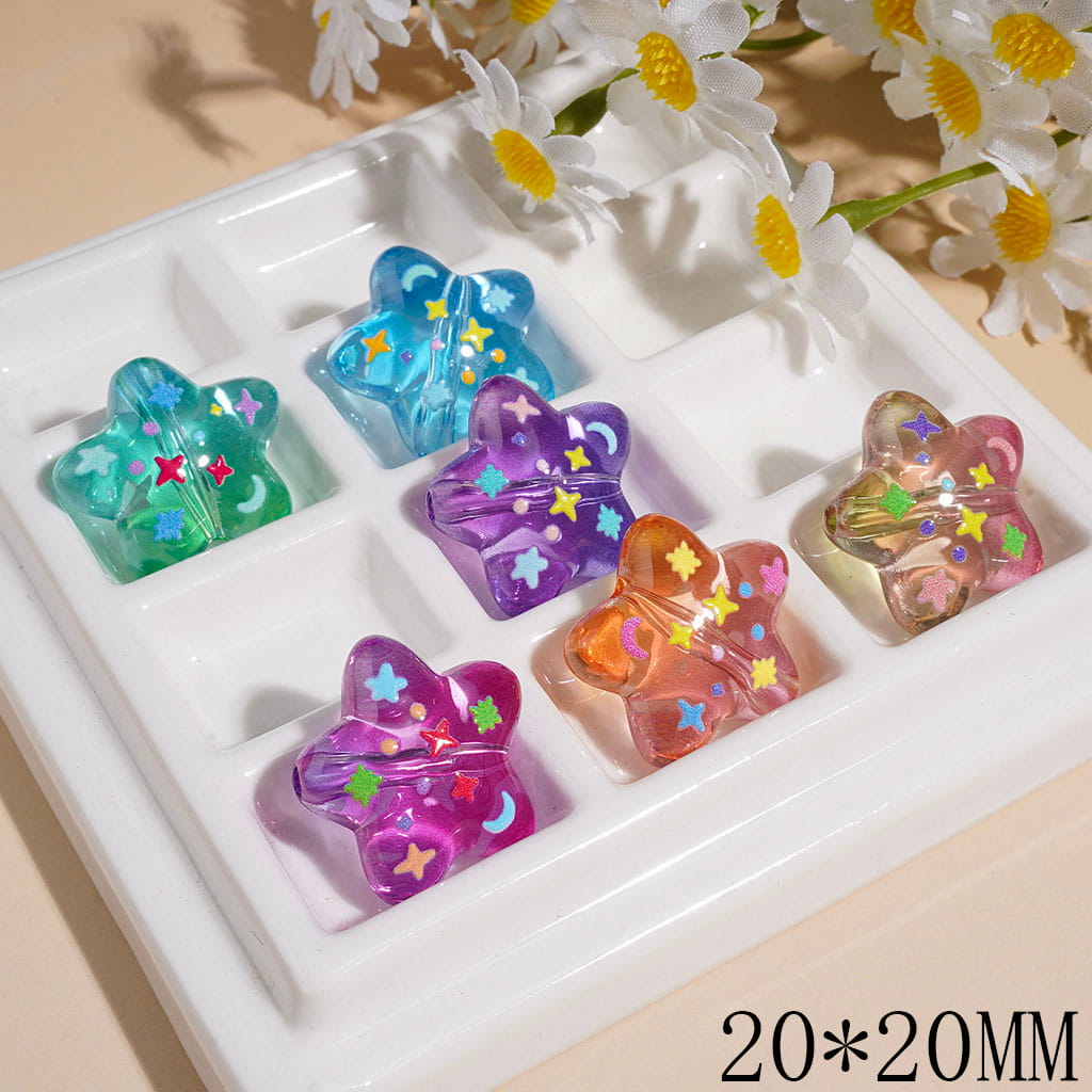 Acrylic Beads with Mini Star Moon Dots Patterns, Semi-Clear Star Shape, 20*20MM Multi-Color Random Mix