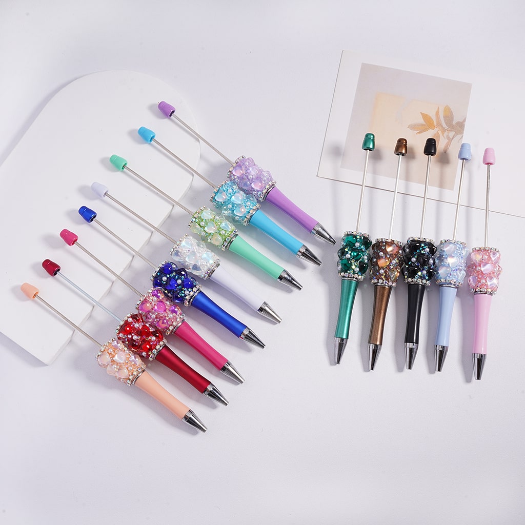 Beadable Pen with Cute Hearts White Pearls AB Rhinestones Chains Multi-Color