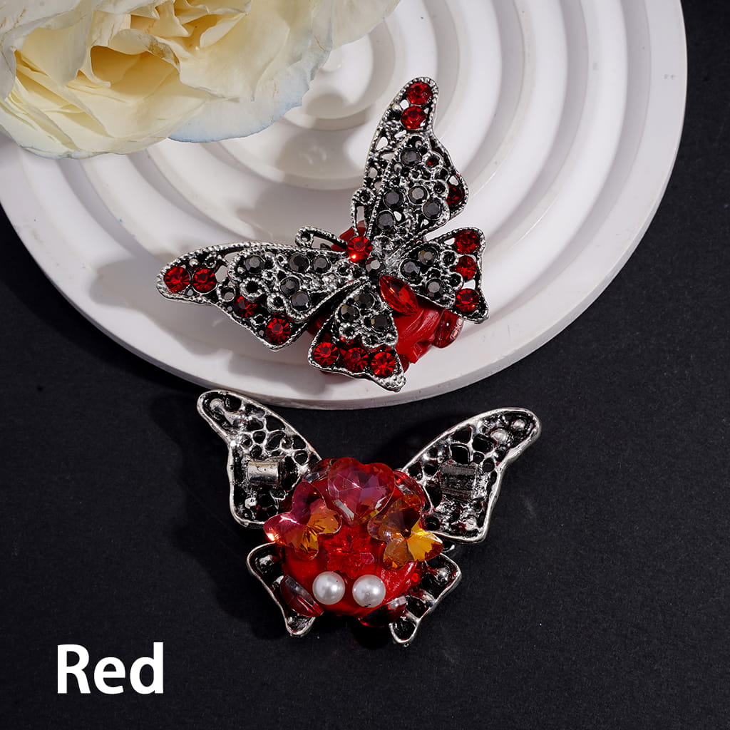 Clay Beads with Retro Alloy Butterfly w Bling Bling Rhinestones, White Pearls, 38*53MM, Blue and Red
