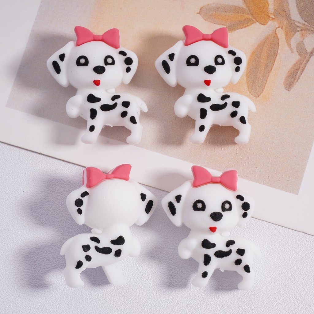 Silicone Focal Beads 3D Cute Black-White Spotted Dog with Pink Bowknot