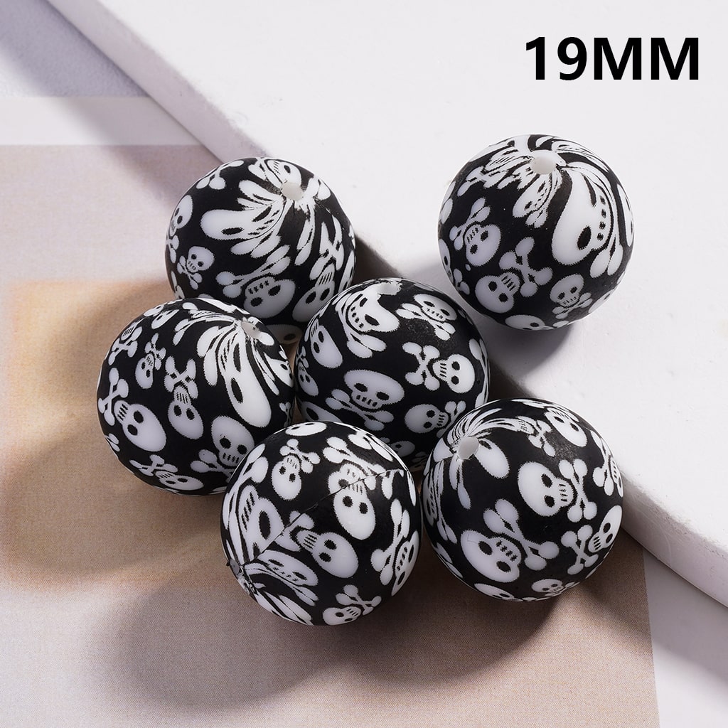 Horror White Skeleton Skull Head Printed Black Silicone Beads 19MM