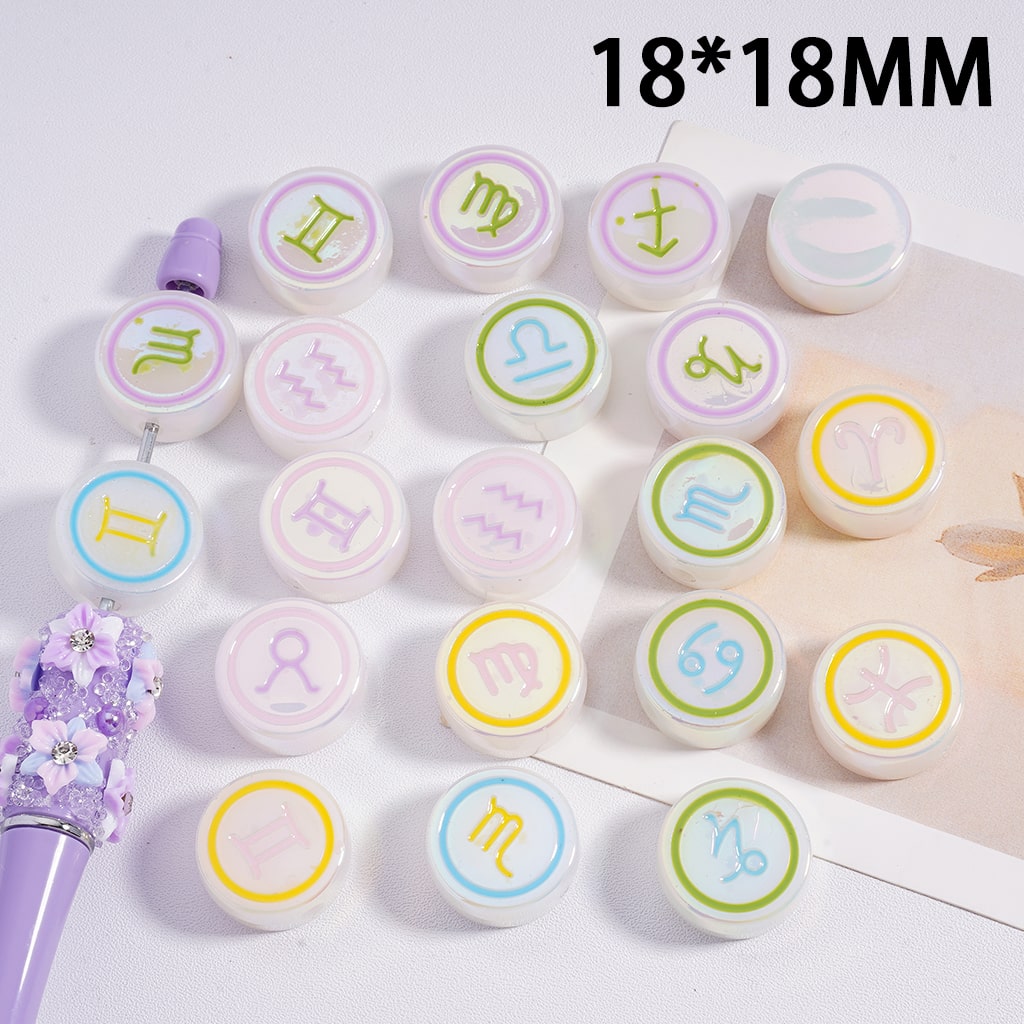 Acrylic Beads UV Coating Round Flat Constellation Zodiac Signs 18MM, Random Mix