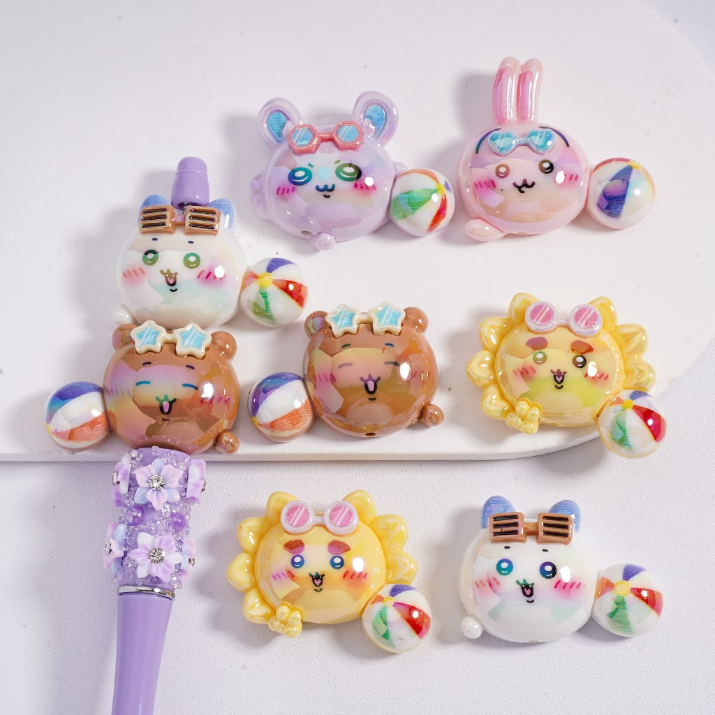 Acrylic Beads UV Coating Cute Capybara Sunflower Bunny Bear, Random Mix