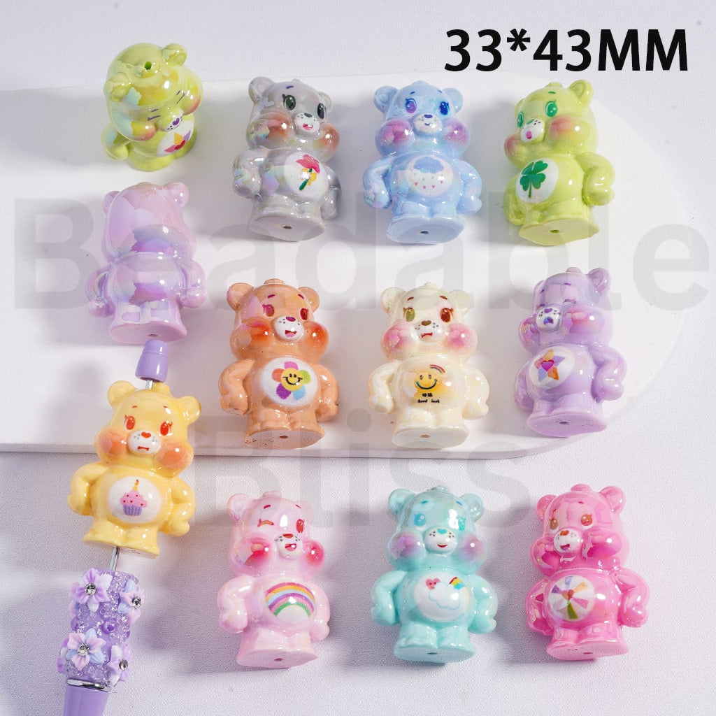 Acrylic Beads UV Coating Cute Car Bear Multi-Color, 33*43MM, Random Mix
