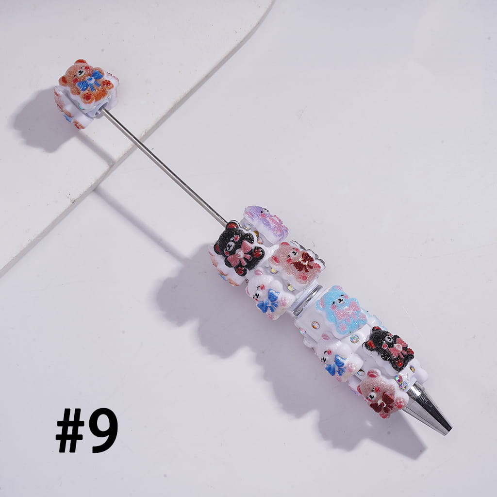 Beadable Clay Pens with Shy Bear Wearing Bowtie on Chest, AB Rhinestones and White Pearl