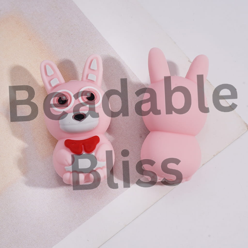 Silicone Focal Beads 3D Villain Rabbit with Red Bowtie in Horror Adventure Game Series, Purple Pink