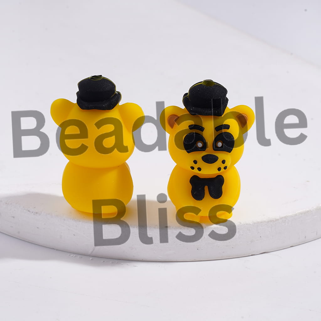 Silicone Focal Beads 3D Classic Brown Bear & Mysterious Yellow Bear with Black Top Hat Bowtie in Horror Adventure Game Series