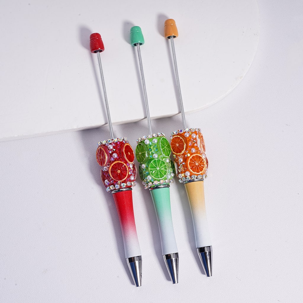 Beadable Clay Pen with White Pearls AB Rhinestones Chains Vivid Fruit Orange Lemon Slice