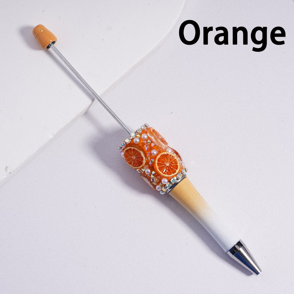 Beadable Clay Pen with White Pearls AB Rhinestones Chains Vivid Fruit Orange Lemon Slice